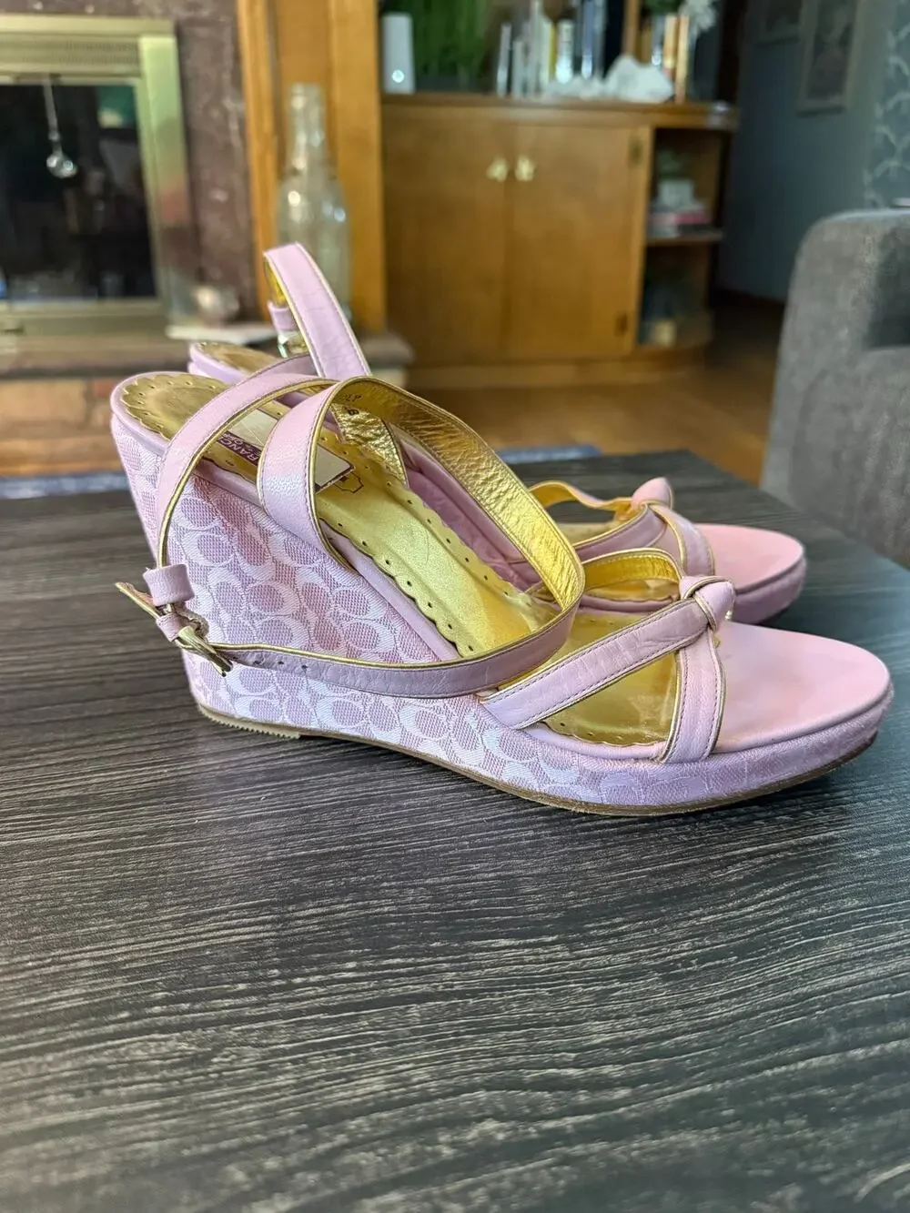 Y2K Coach Cathleen Pink Signature Jacquard Wedge Sandals Sz. 9
